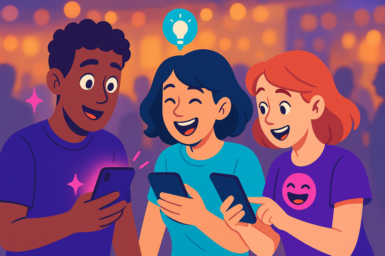 Illustration: Diverse friends reacting with excitement to their phones during a Bellings game.